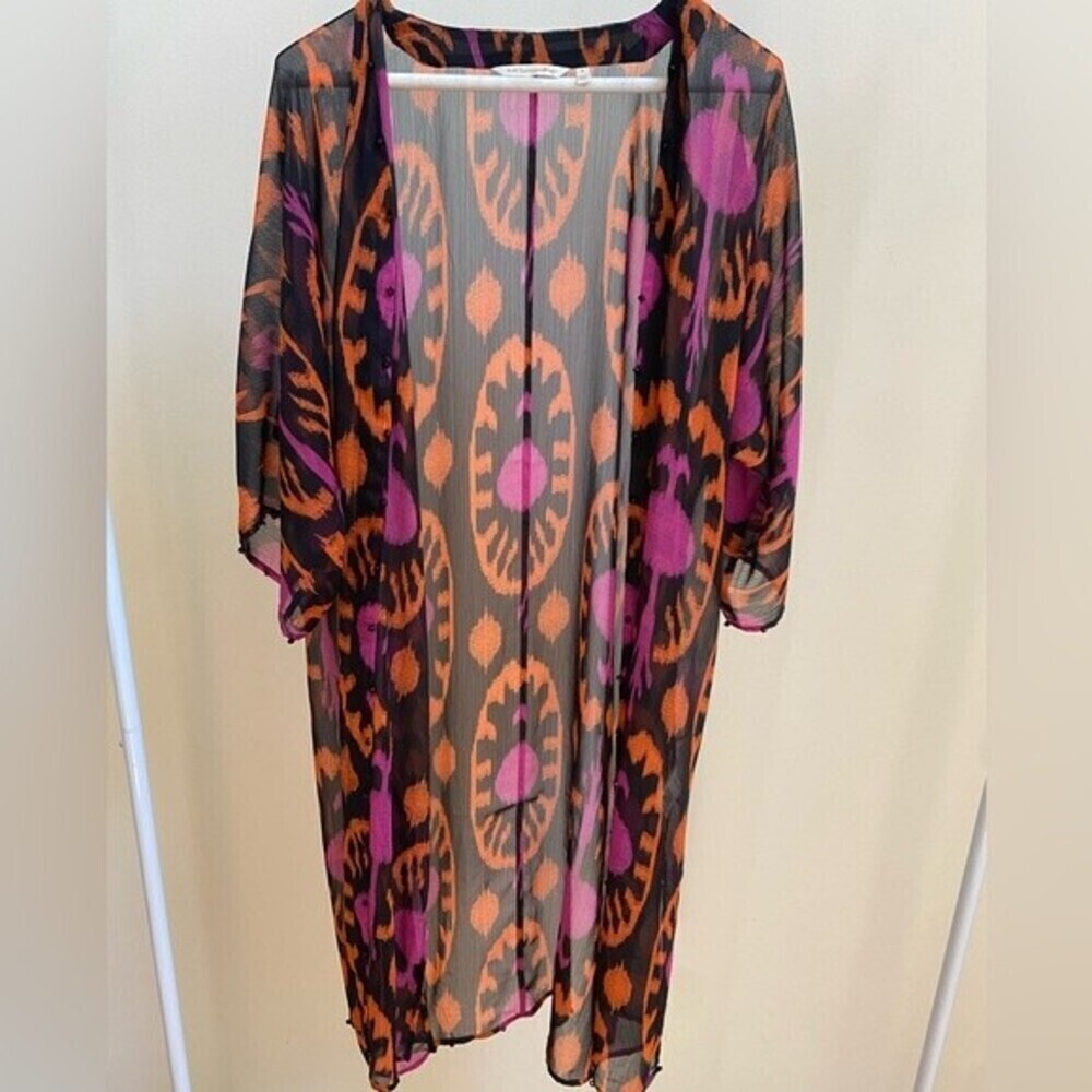 NWOT Soft Surroundings lightweight beaded kimono small pink orange black boho - Picture 1 of 5